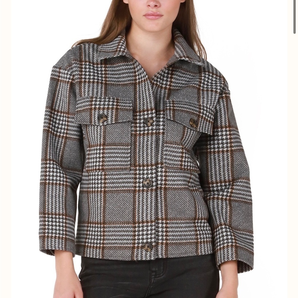 Black Tape Shacket Houndstooth Plaid Pattern Shirt Jacket Pocket Size S - Picture 1 of 7